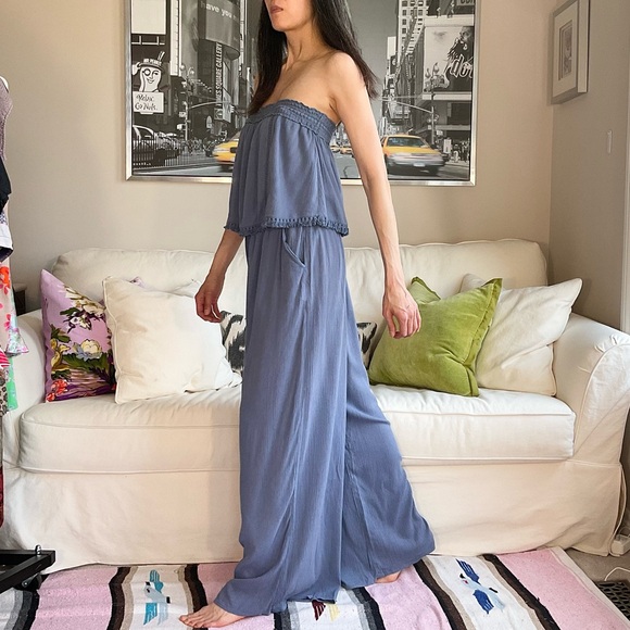 Aerie dusty blue strapless flowy jumpsuit - Picture 1 of 16